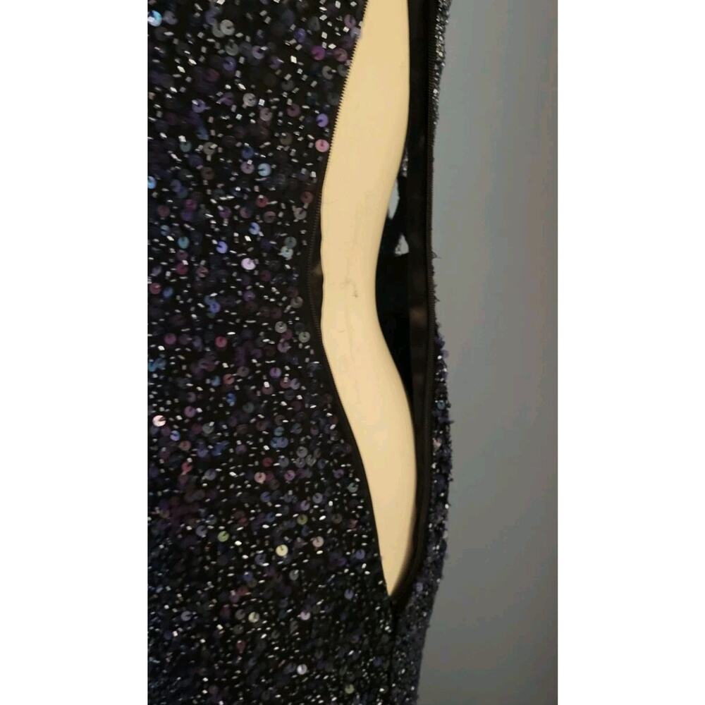 Scala Formal Dress 100% Silk Sz. S Navy Blue Beaded One Shoulder Lattice Back - Picture 7 of 14